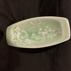 VTG Asian Style Celadon Green Porcelain Trinket/Ring/Soap Dish-6.5" Long-EUC